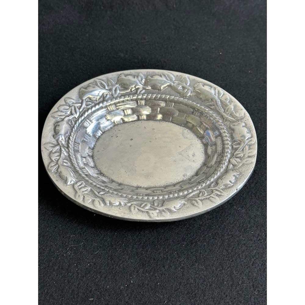 Vintage Pewter Trinket Dish Oval Bunny Rabbit Floral Basketweave Bowl 6 inch